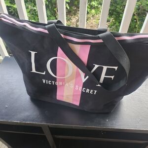 Victoria's Secret LOVE Zip Canvas Tote Weekend Stripped PINK & BLACK NWOT